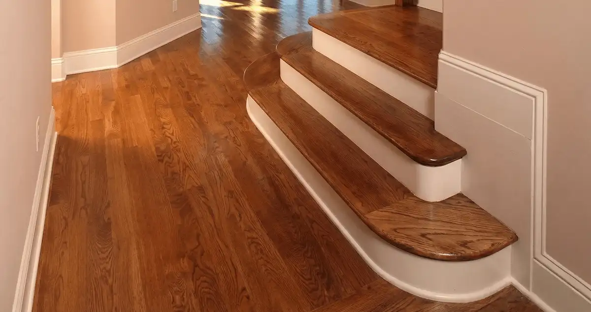 Base floor of a staircase with professionally restored wood flooring in Chandler AZ