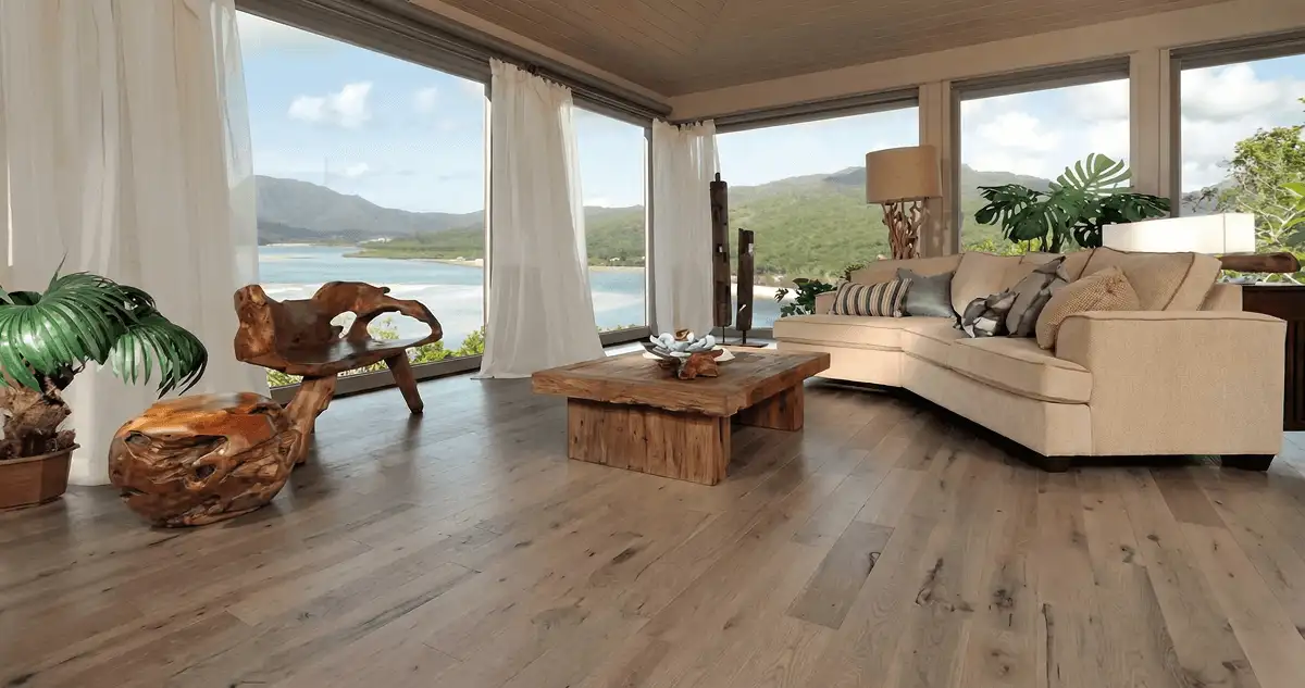 Professionally installed vinyl flooring in a modern living room with large windows in Chandler, AZ